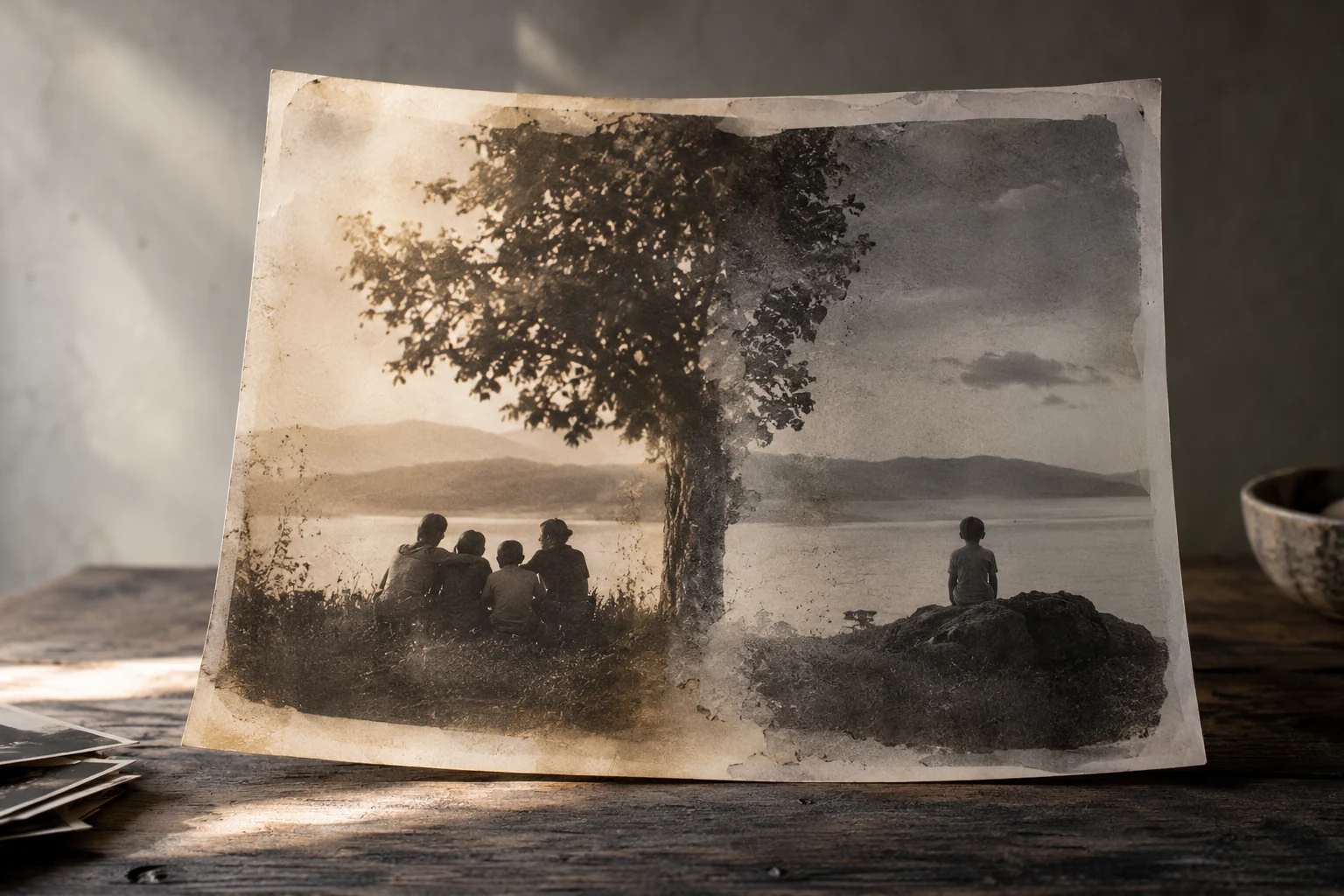 Fotografía antigua dividida entre un grupo reunido junto a un lago y una figura sola frente al mismo paisaje.