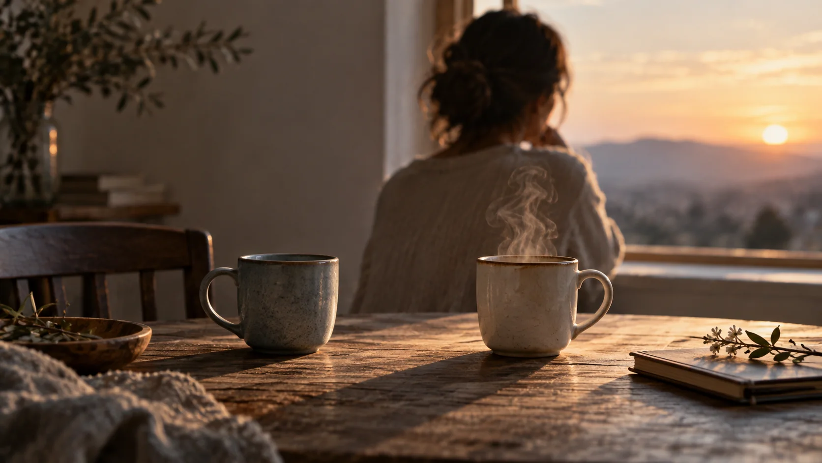 Dos tazas sobre una mesa al atardecer, con una figura de espaldas junto a una ventana.